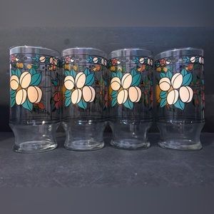 4 Vintage Anchor Hocking Hildi Nectarine Fruit Blossoms Glasses 12 Ounce